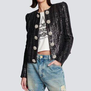 Black Sequin Boutique Blazer Jacket with Diamond Buttons | Medium | NWT